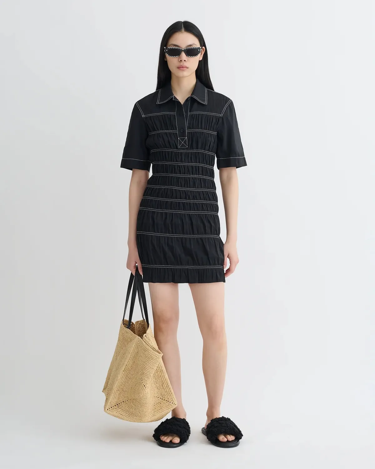 Сукня Nanushka Nomia Smocked Glass Poplin Mini Dress Black 